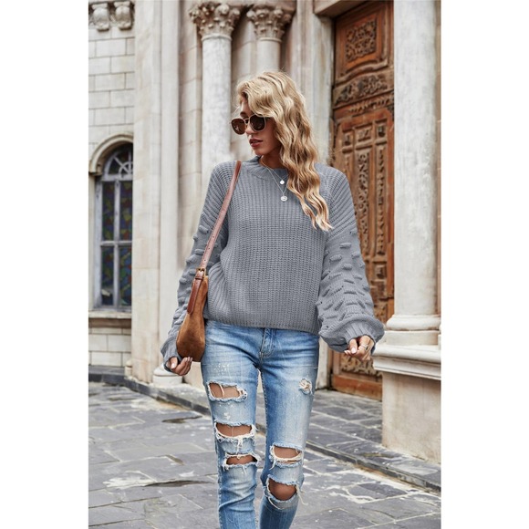 Lantern Long-Sleeved Knitted Pullover Cable Knit Sweater - Picture 5 of 12